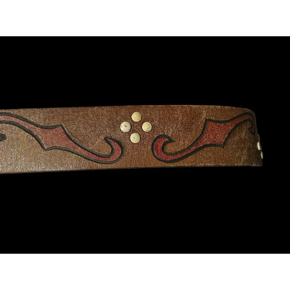 VINTAGE Boho Distressed hand tooled/painted leather belt Silver Tone Buckle